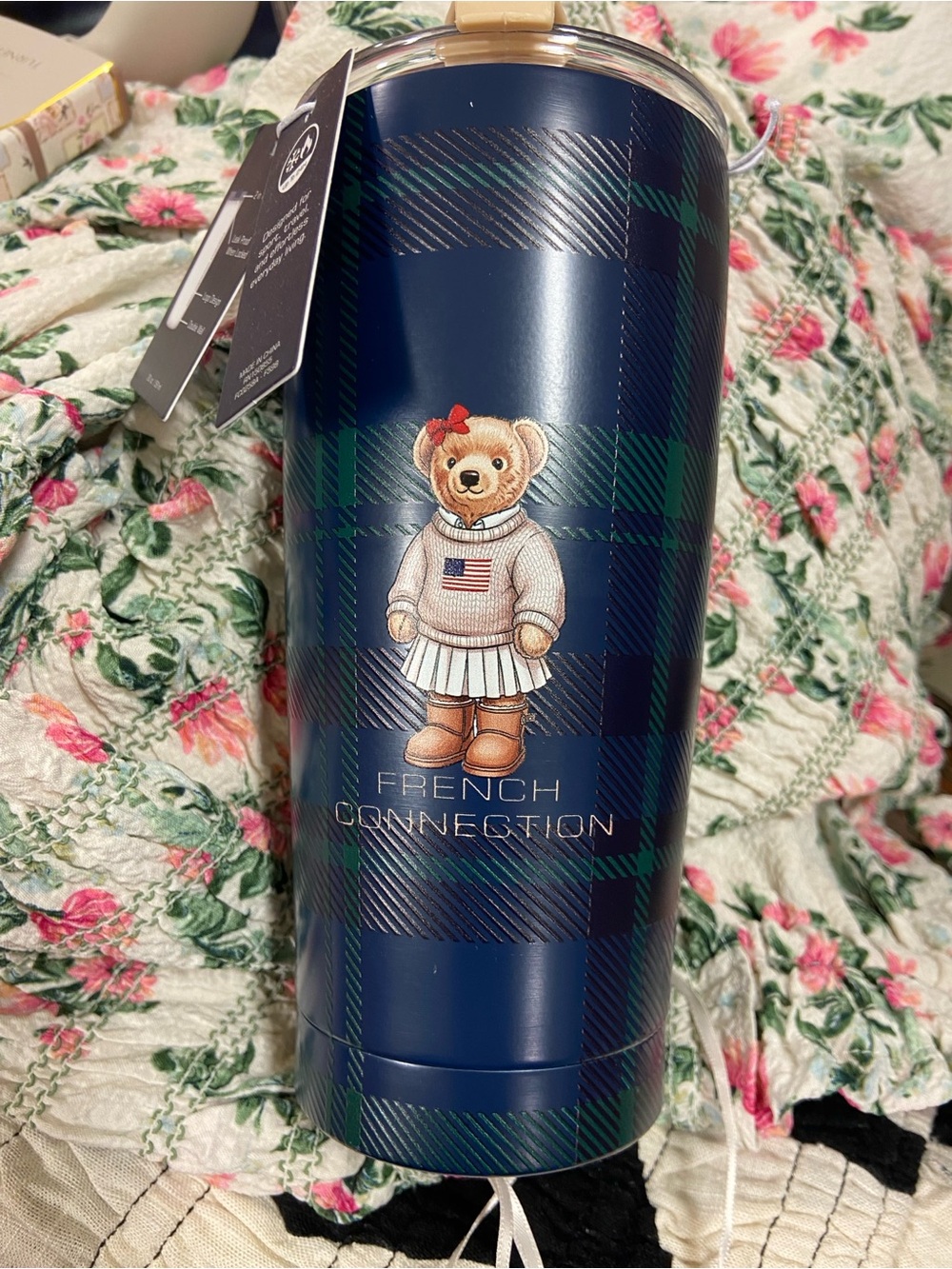 FRENCH CONNECTION Blue Plaid GIRL TEDDY BEAR Tumbler